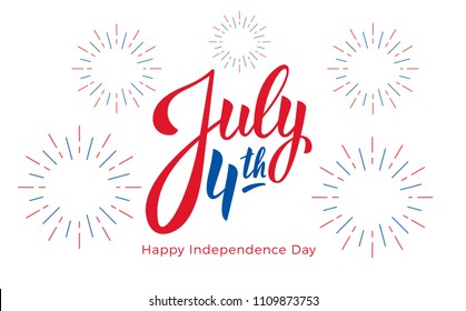 July 4th. USA Independence Day celebration. Banner with lettering and fireworks