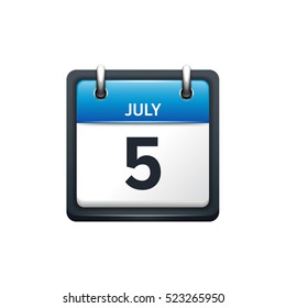 July 5. Calendar icon.Vector illustration,flat style.Month and date.Sunday,Monday,Tuesday,Wednesday,Thursday,Friday,Saturday.Week,weekend,red letter day. 2017,2018 year.Holidays.