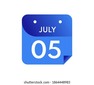 July 5 Date on a Single Day Calendar in Flat Style, 5 July calendar icon