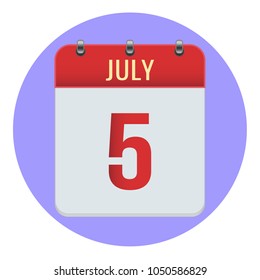 July 5. Vector flat daily calendar icon. Date and time, day, month 2018. Holiday. Season.
