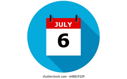 july 6 blue calendar vector flat icon with long shadow
