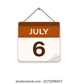 july 6, Calendar icon with shadow. Day, month. Meeting appointment time. Event schedule date. Flat vector illustration. 
