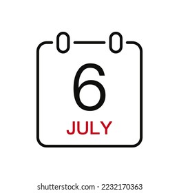 July 6 date on the calendar, vector line stroke icon for user interface. Calendar with date, vector illustration.