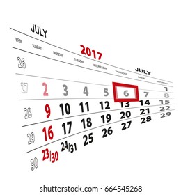 July 6, highlighted on 2017 calendar. Vector Illustration.