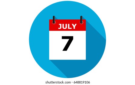 july 7 blue calendar vector flat icon with long shadow