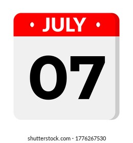 July 7 – Calendar Icon. Calendar icon with shadow. Flat style. Date, day and month. Reminder, Vector Illustration. Organizer application, app symbol. Ui. User interface sign.