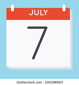 July 7. Calendar icon. Vector illustration in flat design isolated in blue background. Date and time, day, month.