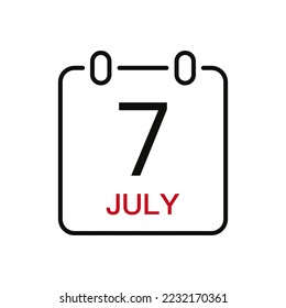 July 7 date on the calendar, vector line stroke icon for user interface. Calendar with date, vector illustration.