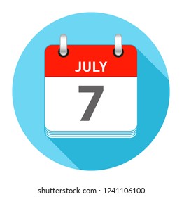 July 7 Date on a Single Day Calendar in Flat Style with long flat shadow on a blue background