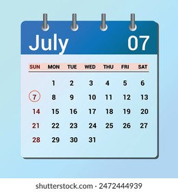 July 7. Flat icon calendar isolated on blue background. Date and month vector illustration