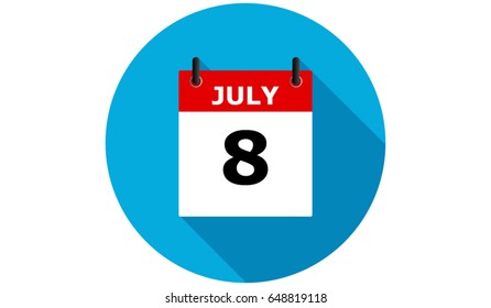 july 8 blue calendar vector flat icon with long shadow