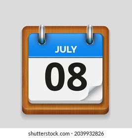 July 8 blue daily realistic calendar with wooden frame icon date vector image