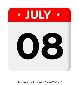 July 8  – Calendar Icon. Calendar icon with shadow. Flat style. Date, day and month. Reminder, Vector Illustration. Organizer application, app symbol. Ui. User interface sign.