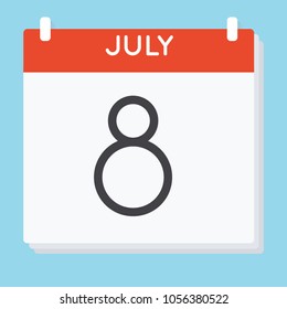 July 8. Calendar icon. Vector illustration in flat design isolated in blue background. Date and time, day, month.
