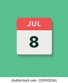 Icono del calendario 8 de julio, ilustración plana vectorial. colores rojo, gris y verde.