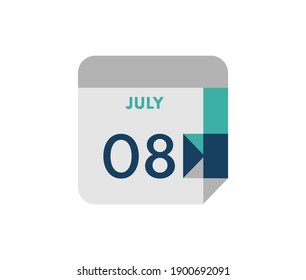 July 8 flat daily calendar date, 8 July Single Day Calendar  Icon