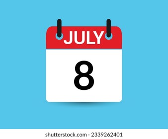 July 8. Flat icon calendar isolated on blue background. Date and month vector illustration
