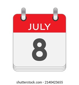 JULY 8 A leaf of the flip calendar with the date of JULY 8. Flat style.