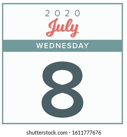 July 8th, 2020. Calendar day icon. Red and grey color.