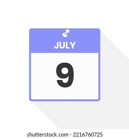 Icono del calendario 9 de julio. Ilustración vectorial de icono de calendario de fecha, mes
