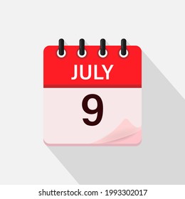 9 de julio, icono del calendario con sombra. Día, mes. Ilustración vectorial plana.