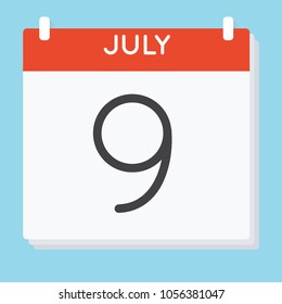 July 9. Calendar icon. Vector illustration in flat design isolated in blue background. Date and time, day, month.
