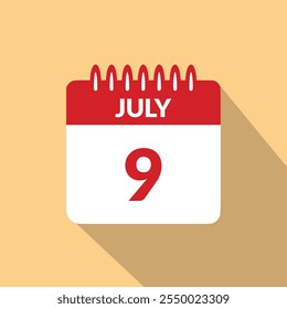 Juli 9 Kalender Symbol, Vektorgrafik.