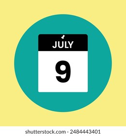 July 9 calendar reminder. 9th July Date Month calendar icon design template.. July calendar icon in yellow and green background.