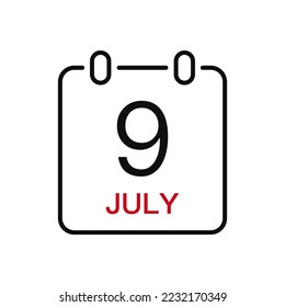 July 9 date on the calendar, vector line stroke icon for user interface. Calendar with date, vector illustration.