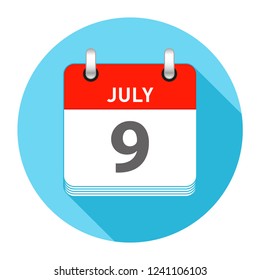 July 9 Date on a Single Day Calendar in Flat Style with long flat shadow on a blue background
