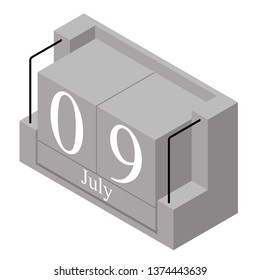 July 9th date on a single day calendar. Gray wood block calendar present date 9 and month July isolated on white background. Holiday. Season. Vector isometric illustration
