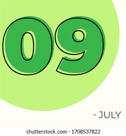 July 9th Modern calendar isolated on white background. Vector illustration. Green colors 