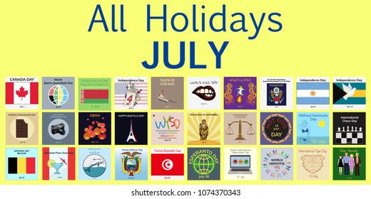 July. All Holidays greeting cards. Vector Template Pack. 