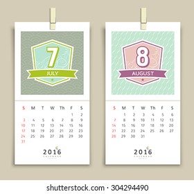 July and August Calendar design background, vector illustration