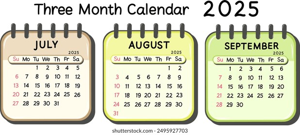 Julio Agosto Septiembre. Calendarios del tercer trimestre de 2025. Ilustración vectorial de Calendario de tres meses con color pastel y diseño simple.