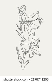 July birth month flower Larkspur line art vector illustration. Delphinium plant hand drawn outline black ink sketch. Perfect for modern jewelry, tattoo, prints, invitations, wall art design.