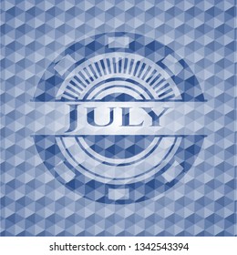 July blue badge with geometric background.