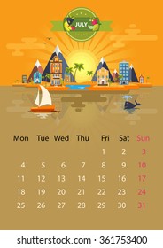 July. Calendar for 2016 in A4 format. The first day of the week - Monday. Style flat design. Set 3. Landscape of a small town on the background of nature.. Stock. Illustration. Image. Vector.