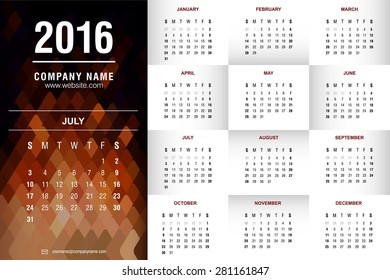 July Calendar - 2016 calendar template - polygonal abstract blue background - Vector illustration