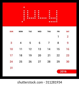 July Calendar 2016 Vector Design Template. Week Starts Sunday. vector illustration