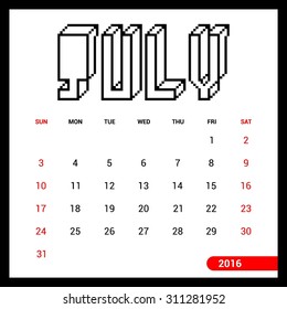 July Calendar 2016 Vector Design Template. Week Starts Sunday. vector illustration