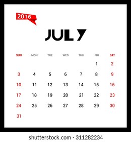 July Calendar 2016 Vector Design Template. Week Starts Sunday. vector illustration