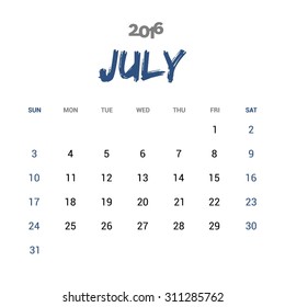 July Calendar 2016 Vector Design Template. Week Starts Sunday. vector illustration