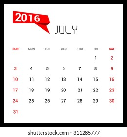 July Calendar 2016 Vector Design Template. Week Starts Sunday. vector illustration