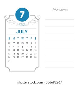 July Calendar 2016 Vector Design Template. Week Starts Sunday. Event Calendar. place for notes and special text. vector illustration