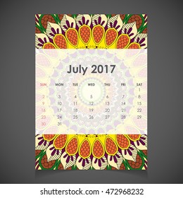 July Calendar 2017. Vintage decorative elements. Ornamental floral business cards, oriental pattern, vector illustration. Islam, Arabic, Indian, turkish, pakistan, chinese, ottoman motifs
