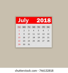 July calendar 2018.  Week starts on Sunday. Business vector illustration  template for one month 2018 years.