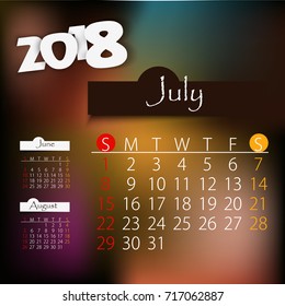 July: Calendar for 2018 year, editable template poster and calendar design, vector illustration