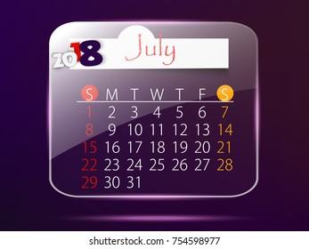 July: Calendar for 2018 year, editable template poster and calendar design, vector illustration...