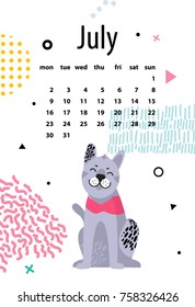 July calendar for 2018 Year with friendly malamute under dates of month cartoon vector illustration. Poster with animal symbol of new zodiac year.